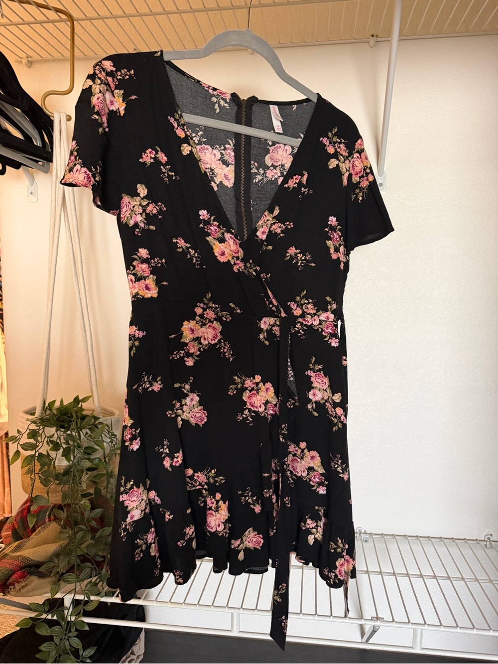 Xhilaration Black Mini Wrap Dress with Pink Floral Print